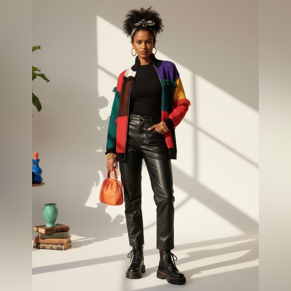 Dopamine Dressing Cardigan Small 100% Wool Color Block Statement - Picture 1 of 10